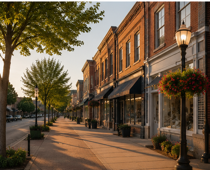 Warm small-town Main Street streetscape